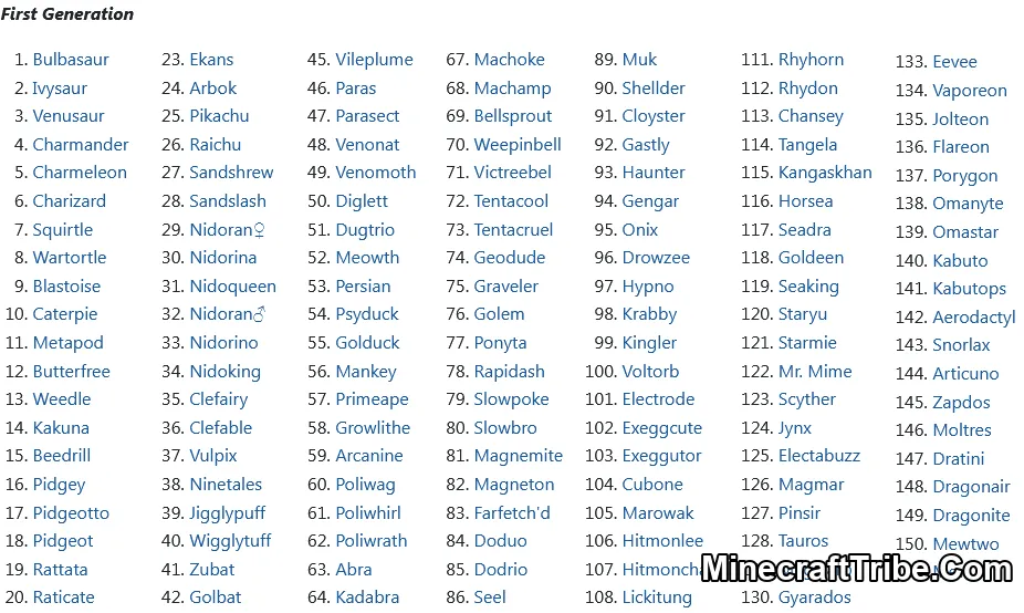 Pokemon List In Pixelmon